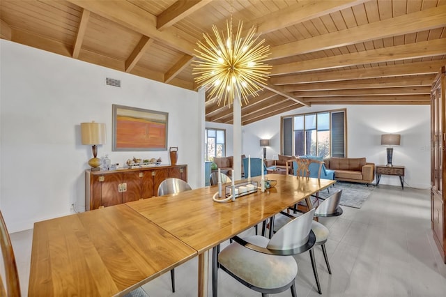 dining room featuring lofted ceiling with beams, wooden ceiling, visible vents, and a chandelier