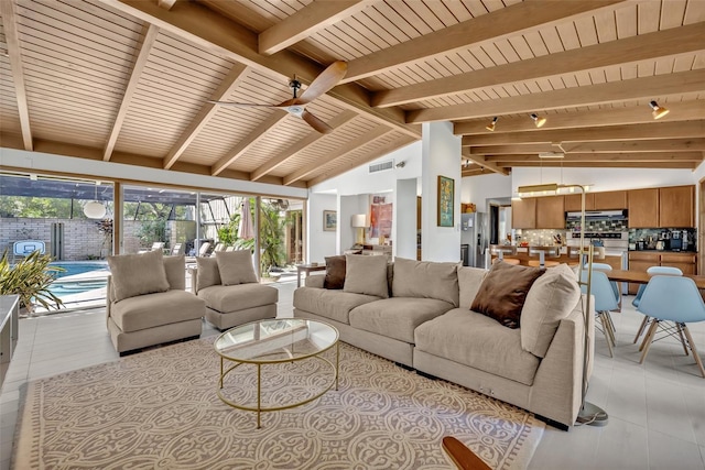 living area with vaulted ceiling with beams, wooden ceiling, visible vents, and a ceiling fan