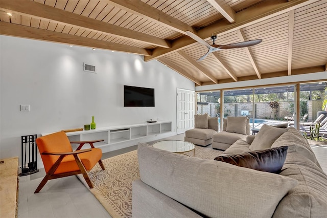 living room featuring lofted ceiling with beams, wooden ceiling, ceiling fan, and visible vents