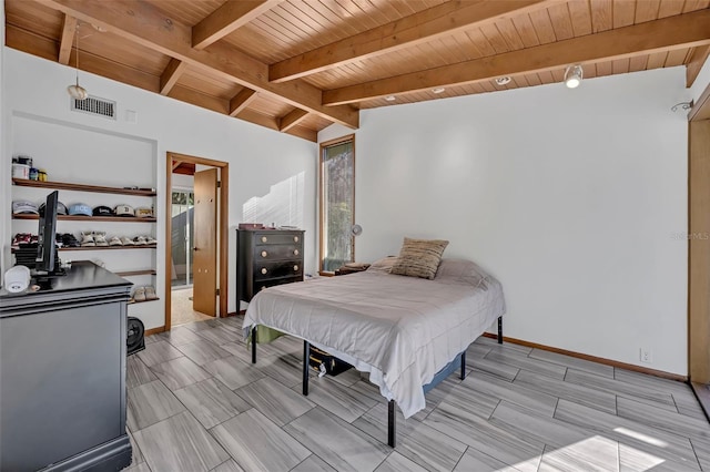 bedroom with vaulted ceiling with beams, wood ceiling, visible vents, and baseboards