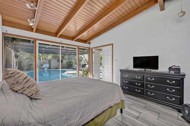 bedroom with vaulted ceiling with beams, access to outside, wood ceiling, and wood tiled floor