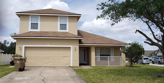 traditional-style home with a shingled roof, fence, driveway, stucco siding, and a front lawn