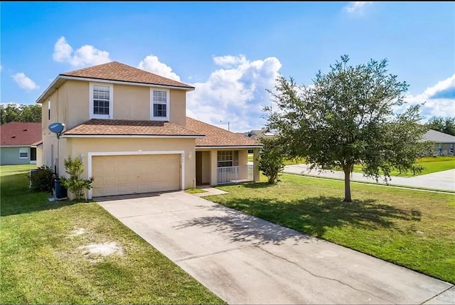 view of front facade featuring a garage, stucco siding, concrete driveway, and a front lawn