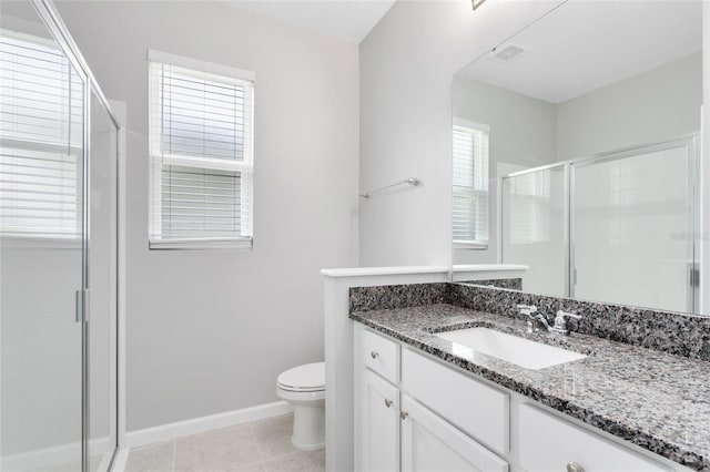 full bath featuring visible vents, a shower stall, toilet, and tile patterned floors