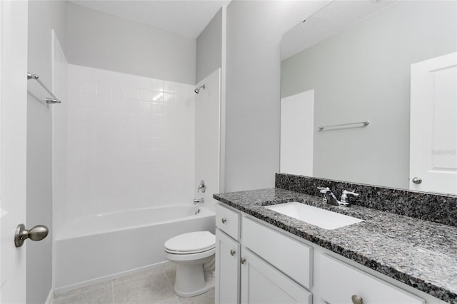 bathroom with tile patterned flooring, shower / bathing tub combination, vanity, and toilet