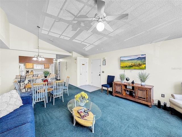 2040 Royal Bay Blvd Unit 30, Kissimmee, FL 34746 - living area featuring carpet floors, lofted ceiling, a textured ceiling, and ceiling fan with notable chandelier