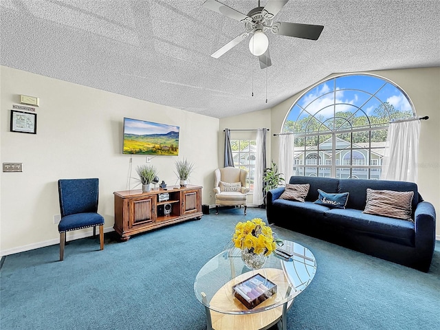 2040 Royal Bay Blvd Unit 30, Kissimmee, FL 34746 - carpeted living area with a ceiling fan, lofted ceiling, a textured ceiling, and baseboards