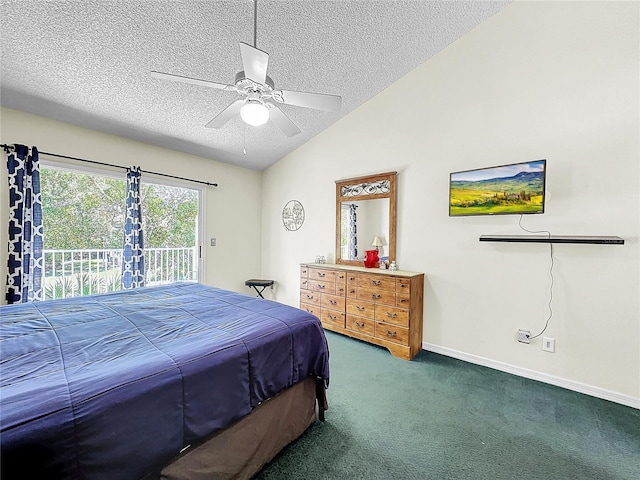 2040 Royal Bay Blvd Unit 30, Kissimmee, FL 34746 - carpeted bedroom with baseboards, a ceiling fan, lofted ceiling, access to exterior, and a textured ceiling