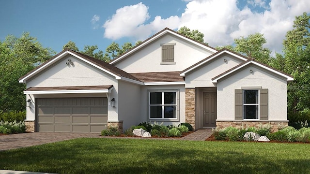 view of front facade featuring stone siding, an attached garage, decorative driveway, a front lawn, and stucco siding