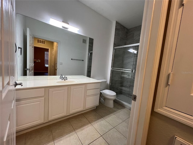 bathroom featuring tile patterned flooring, toilet, vanity, visible vents, and a shower stall