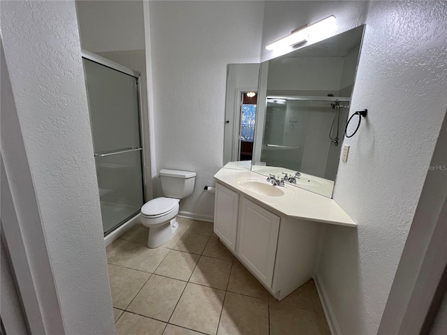 bathroom with toilet, a stall shower, and tile patterned floors