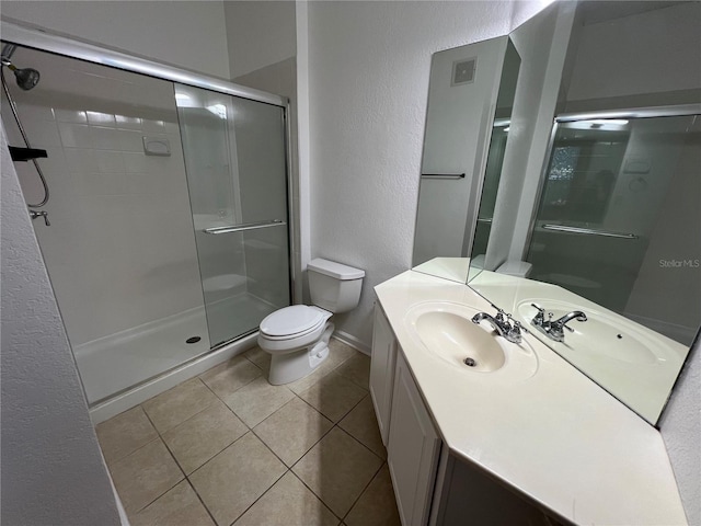 bathroom featuring toilet, a stall shower, and tile patterned flooring