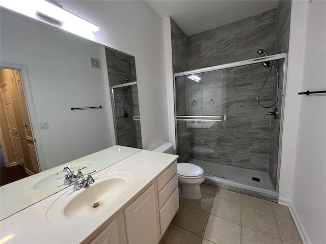 full bathroom featuring visible vents, toilet, tile patterned floors, vanity, and a shower stall