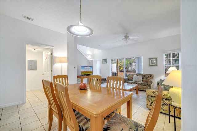 dining area with light tile patterned floors, electric panel, visible vents, and a ceiling fan