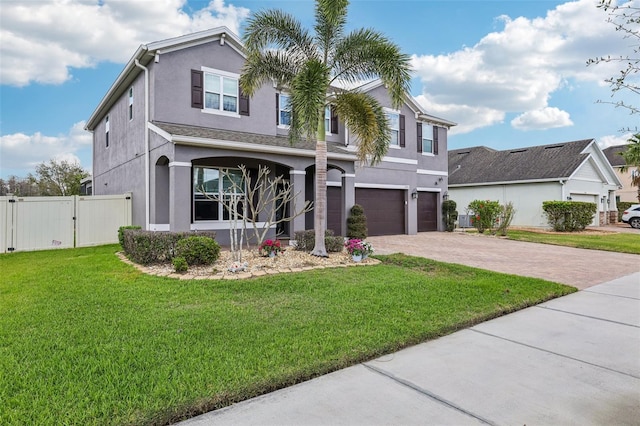 view of front of property with an attached garage, fence, decorative driveway, stucco siding, and a front yard