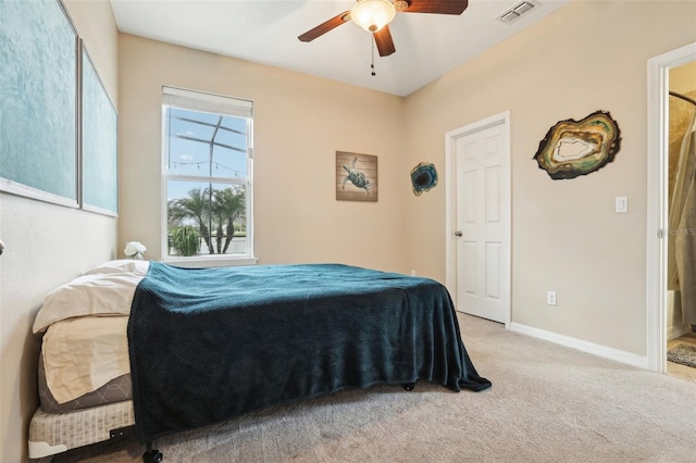 bedroom featuring light carpet, a ceiling fan, visible vents, and baseboards