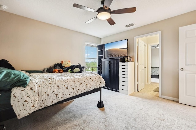 bedroom featuring visible vents, baseboards, ceiling fan, access to exterior, and carpet