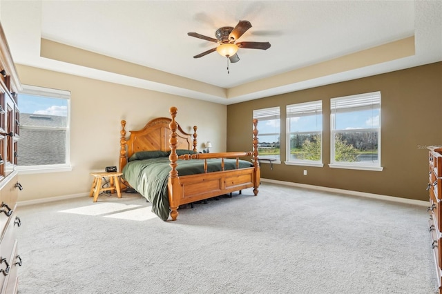 bedroom featuring a raised ceiling, carpet flooring, and baseboards