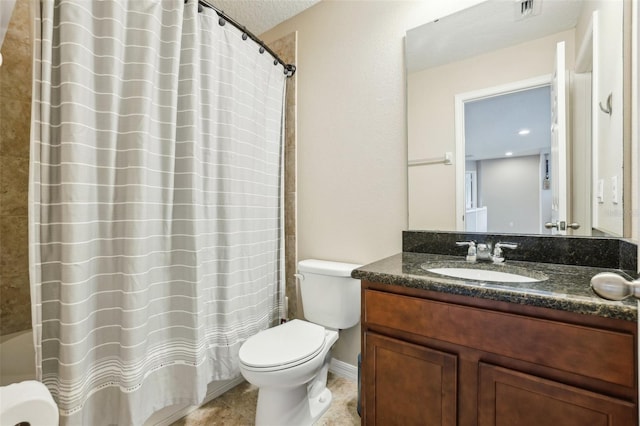 bathroom featuring visible vents, toilet, vanity, a textured ceiling, and tile patterned flooring