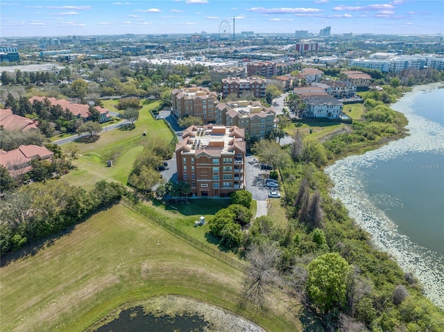 drone / aerial view featuring a water view