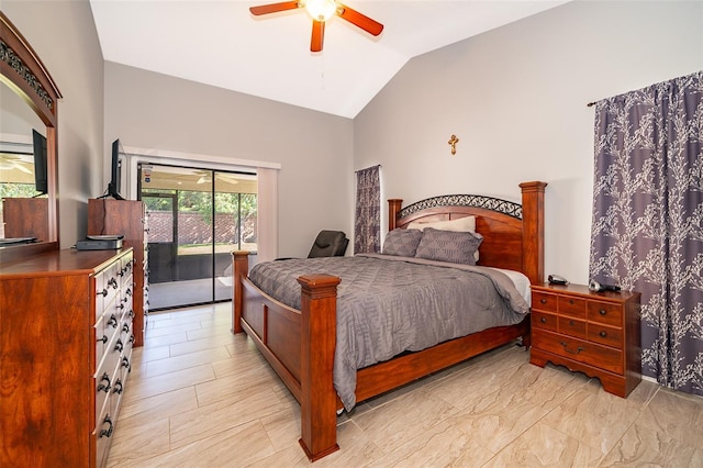 bedroom featuring lofted ceiling, access to outside, and a ceiling fan