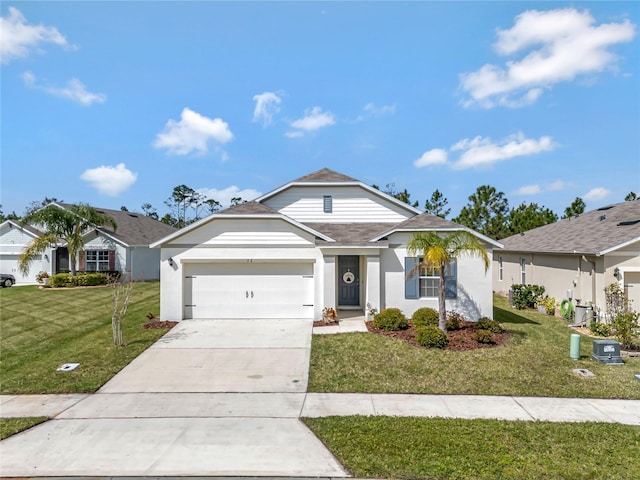 view of front of house with stucco siding, an attached garage, concrete driveway, and a front lawn