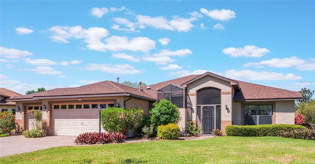 ranch-style home featuring a shingled roof, a front lawn, concrete driveway, stucco siding, and an attached garage