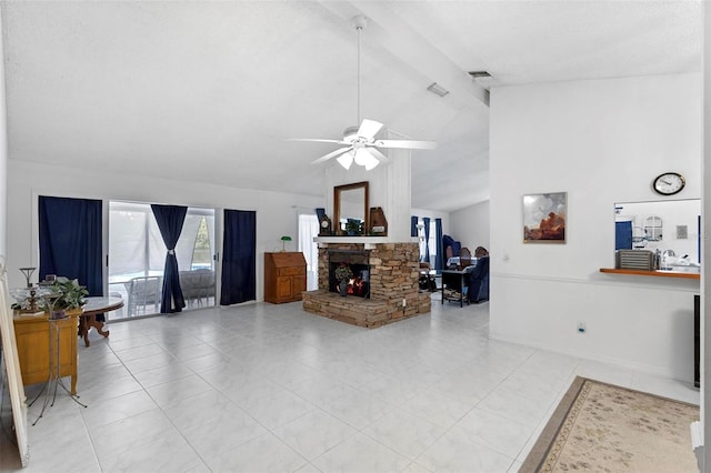 living area featuring high vaulted ceiling, a fireplace, visible vents, a ceiling fan, and beam ceiling