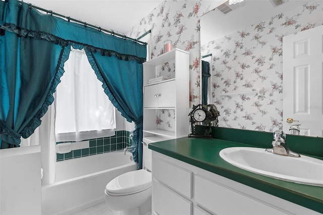 bathroom with wallpapered walls, visible vents, toilet, shower / bathtub combination with curtain, and vanity