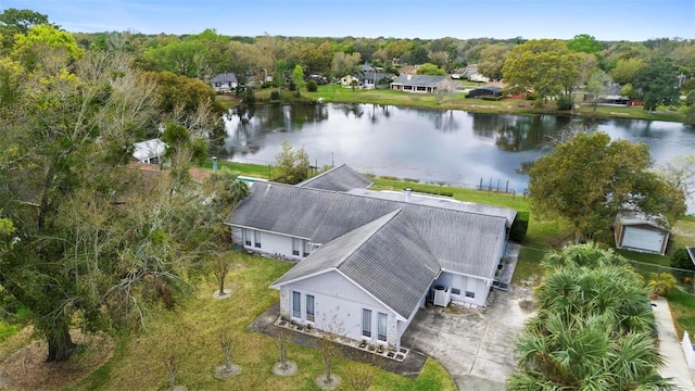 bird's eye view with a water view