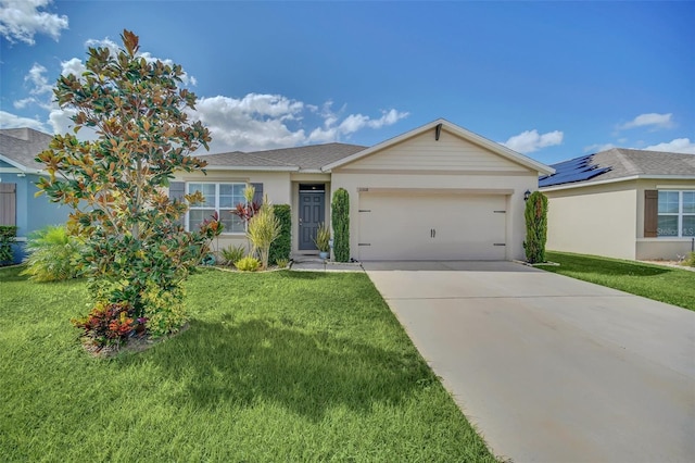 single story home featuring a garage, stucco siding, driveway, and a front yard