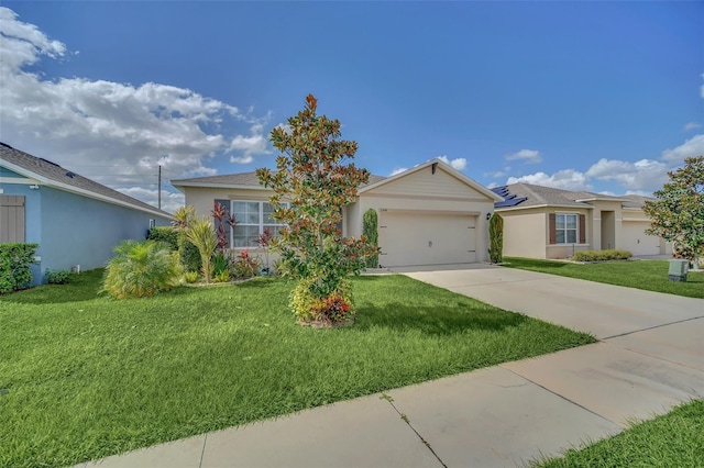 ranch-style home featuring concrete driveway, a front lawn, an attached garage, and stucco siding