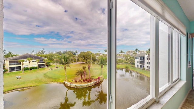 entryway with a water view