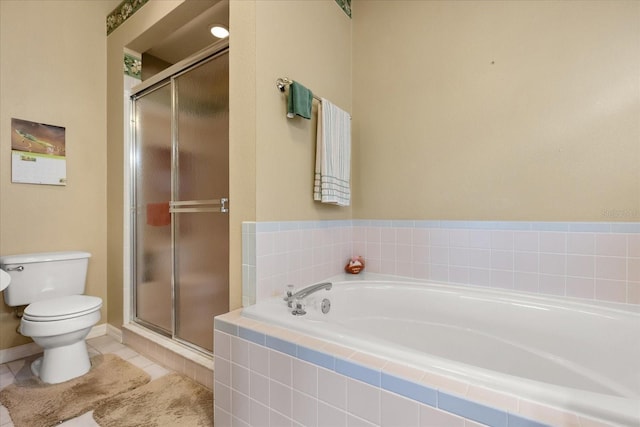 bathroom featuring a garden tub, tile patterned flooring, toilet, and a shower stall