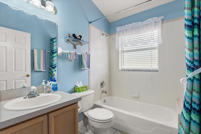 full bathroom with toilet, shower / bath combination with curtain, and vanity