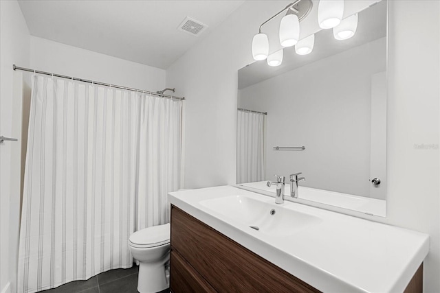 full bath with toilet, tile patterned flooring, visible vents, and vanity