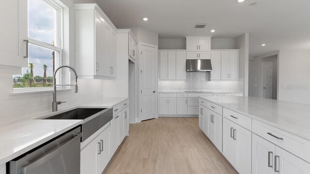 5641 Nevis Ter, Kissimmee, FL 34758 - kitchen with under cabinet range hood, stainless steel dishwasher, a sink, recessed lighting, and white cabinetry