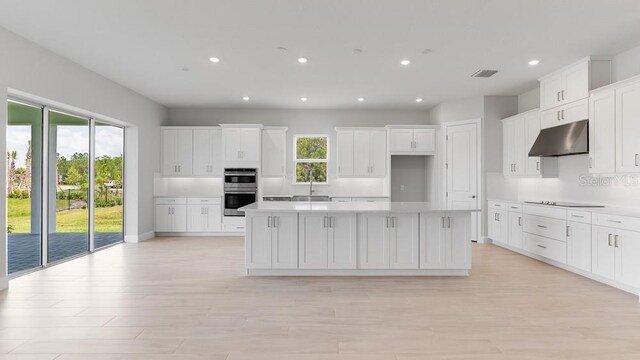 5641 Nevis Ter, Kissimmee, FL 34758 - kitchen with under cabinet range hood, a sink, a kitchen island, recessed lighting, and stainless steel double oven
