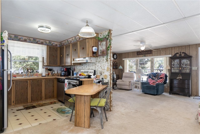 kitchen featuring ceiling fan, open floor plan, stainless steel appliances, under cabinet range hood, and a sink