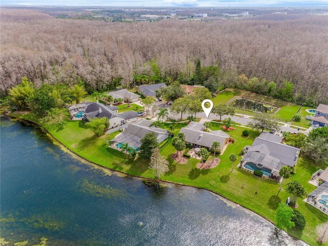 birds eye view of property with a water view and a residential view