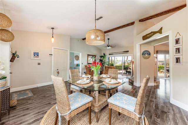 dining area with vaulted ceiling, dark wood-style floors, visible vents, and baseboards