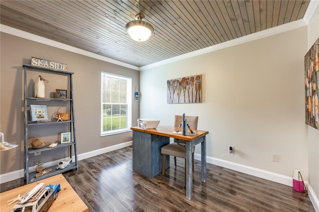 office area featuring ornamental molding, dark wood finished floors, wood ceiling, and baseboards