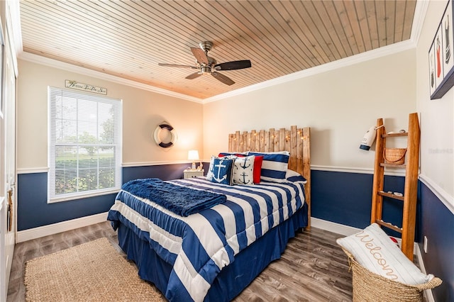 bedroom with wooden ceiling, baseboards, ornamental molding, and wood finished floors