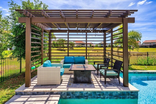 view of patio featuring an outdoor hangout area, fence, a fenced in pool, and a pergola