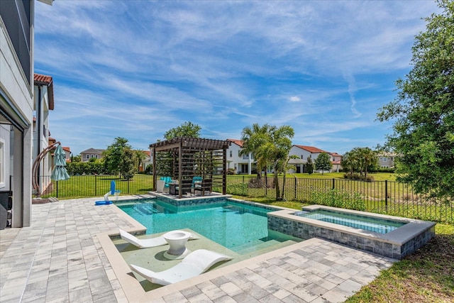 15724 Cutter Sail Pl, Winter Garden, FL 34787 - view of swimming pool featuring a pool with connected hot tub, a lawn, a patio area, a pergola, and a fenced backyard