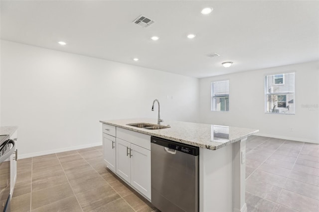 4365 Switchgrass Ln, Saint Cloud, FL 34772 - kitchen featuring visible vents, dishwasher, a sink, recessed lighting, and light stone counters