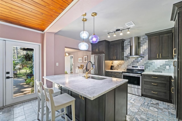kitchen featuring visible vents, a sink, backsplash, appliances with stainless steel finishes, and wall chimney exhaust hood