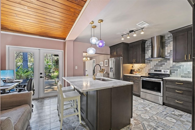 kitchen featuring a sink, appliances with stainless steel finishes, wooden ceiling, wall chimney range hood, and decorative backsplash