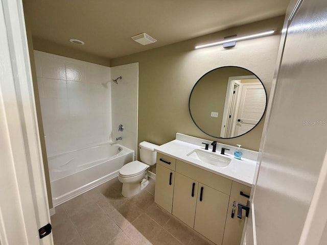 bathroom featuring tile patterned flooring, toilet, visible vents, vanity, and shower / bathing tub combination