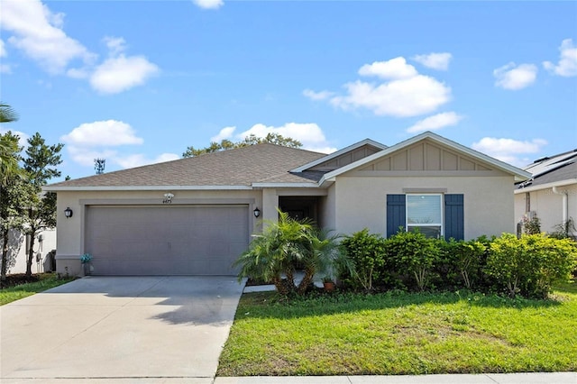 ranch-style house with stucco siding, concrete driveway, board and batten siding, a front yard, and a garage